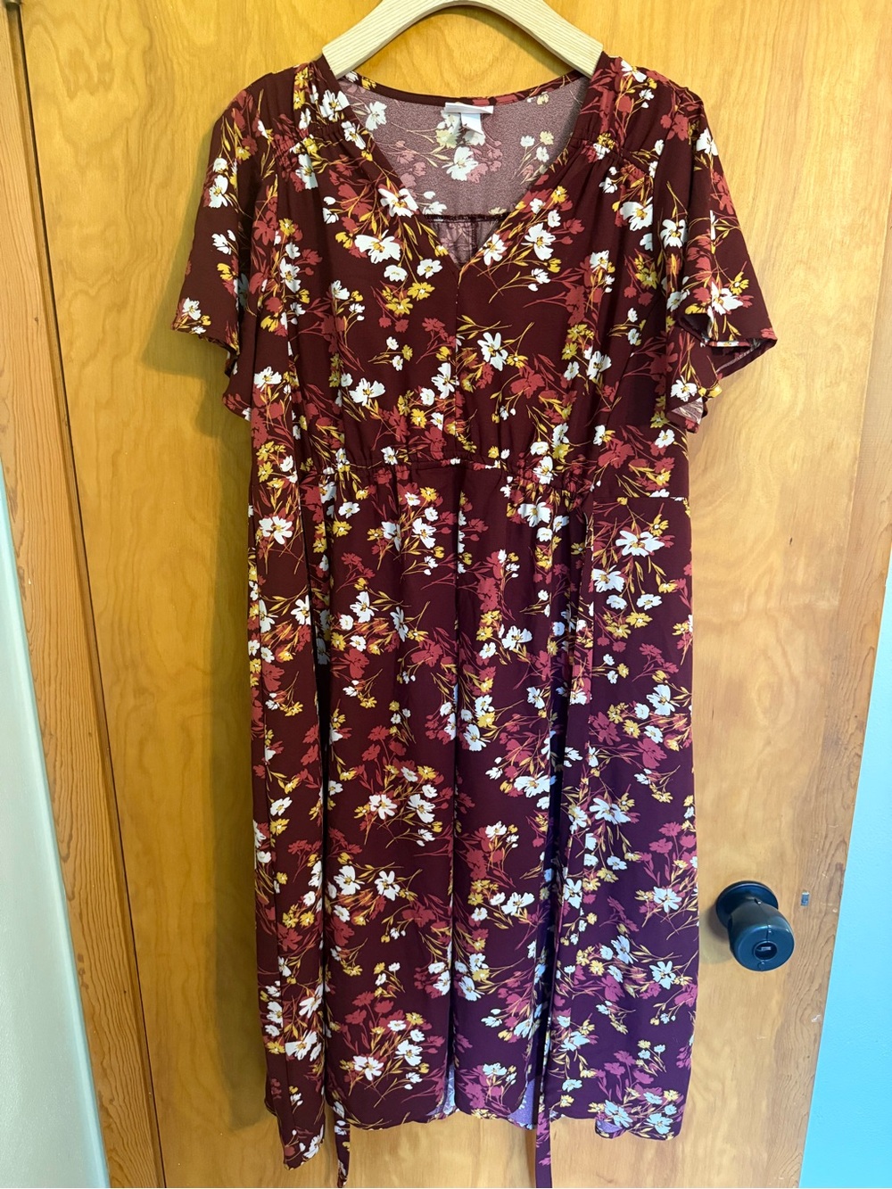 Isabel Maternity Floral V-Neck Maroon Burgundy Tie Dress Size M